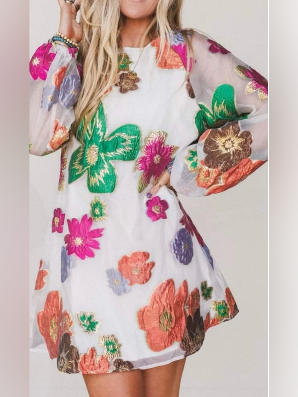 En Crème Floral Organza Bubble Sleeve Mini Dress long sleeve womens Sz Medium